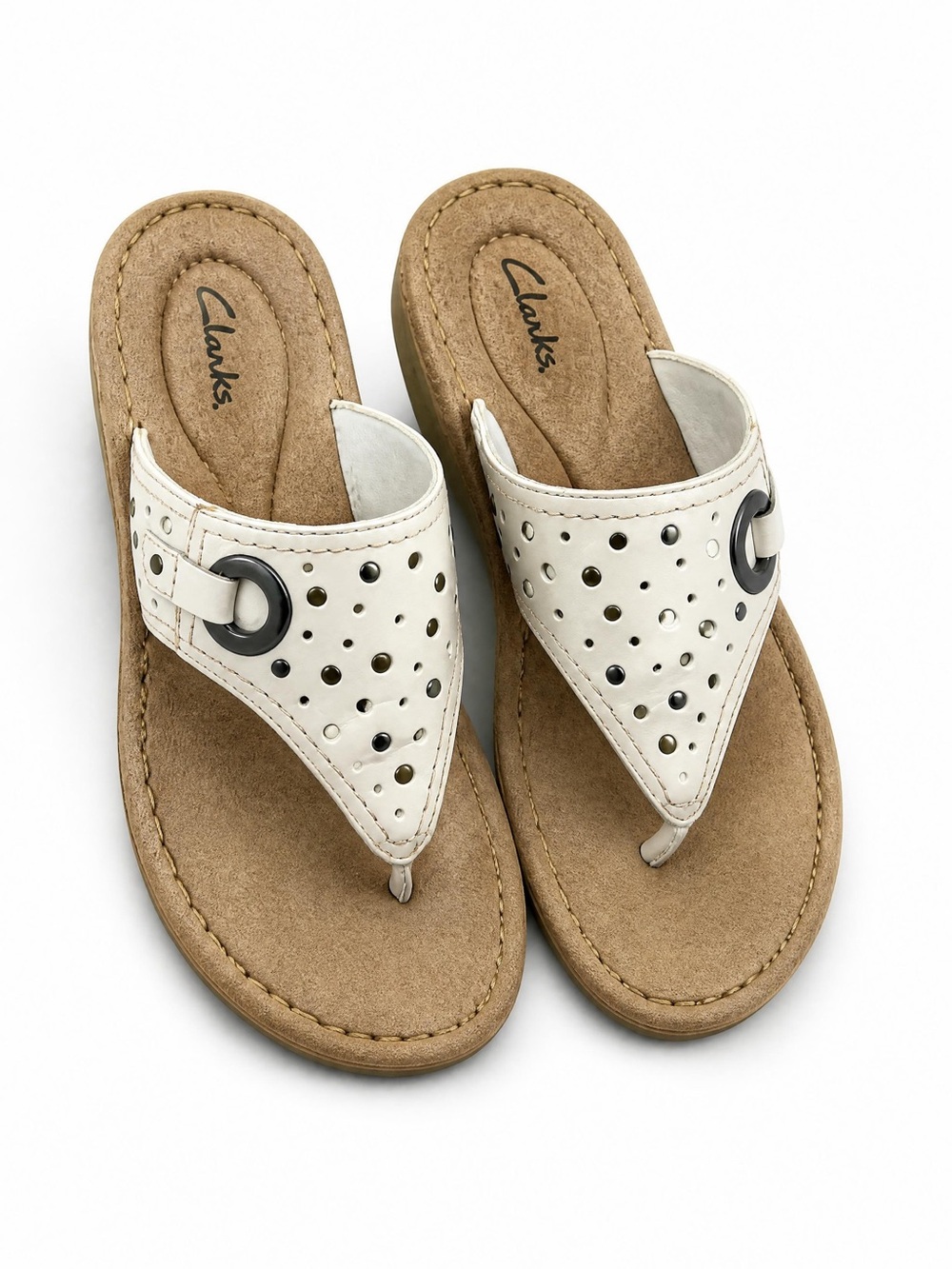 Clarks Cream Perforated Toe-Post Sandals with Ring Accent